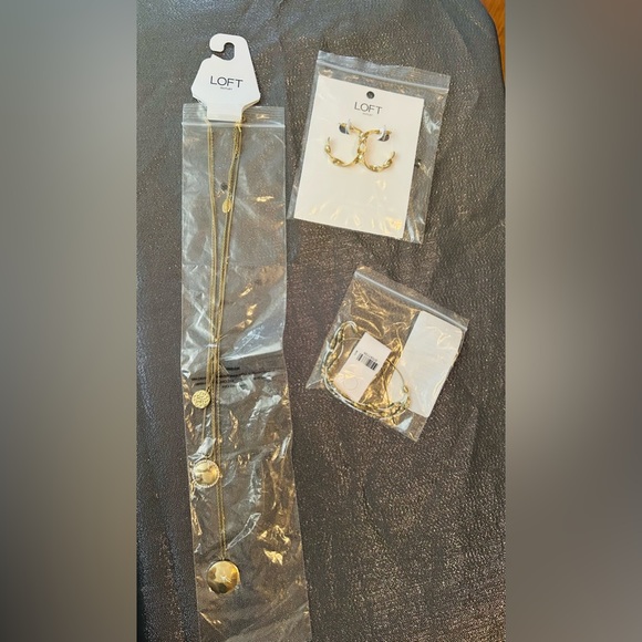 LOFT Gold Jewelry Set, Multi Layered Necklace, Hoop Earrings, & Beaded Bracelet - Picture 2 of 16